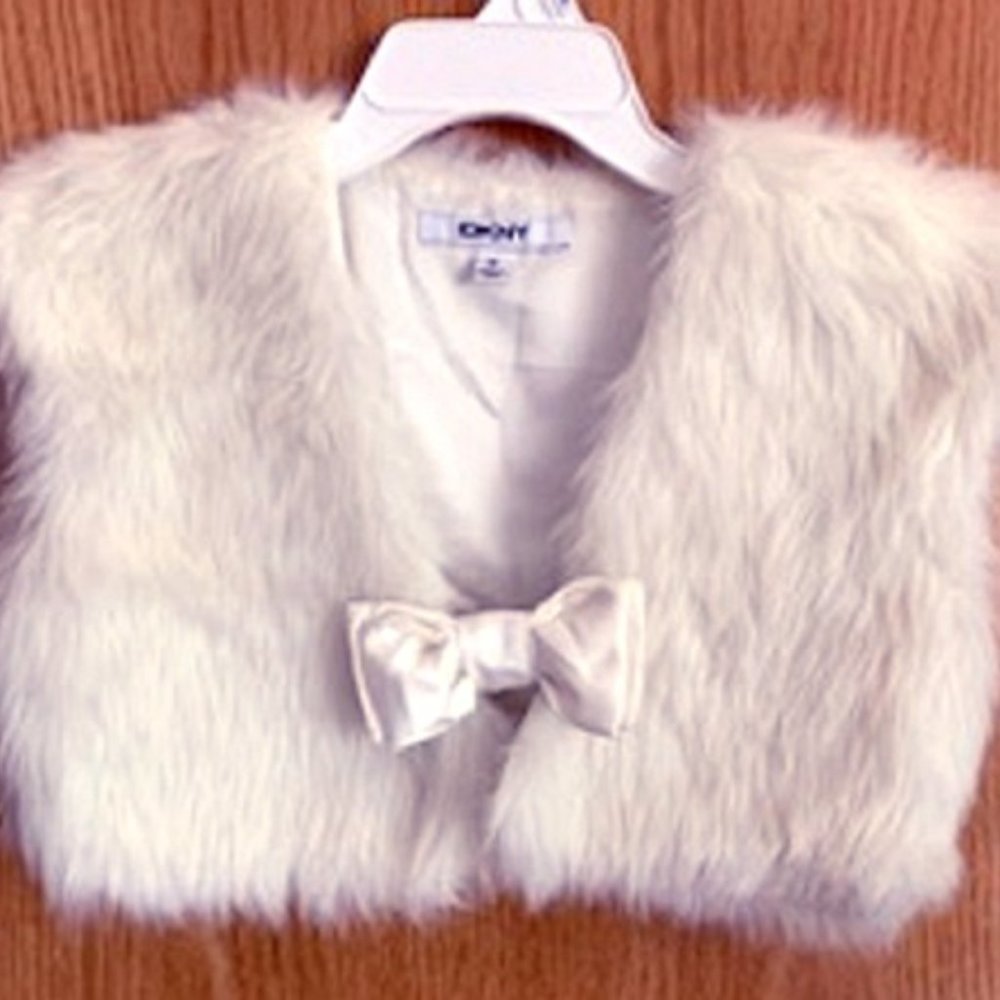 DKNY Ivory Girls Cropped Faux Fur Shrug Fur Vest with Bow NEW